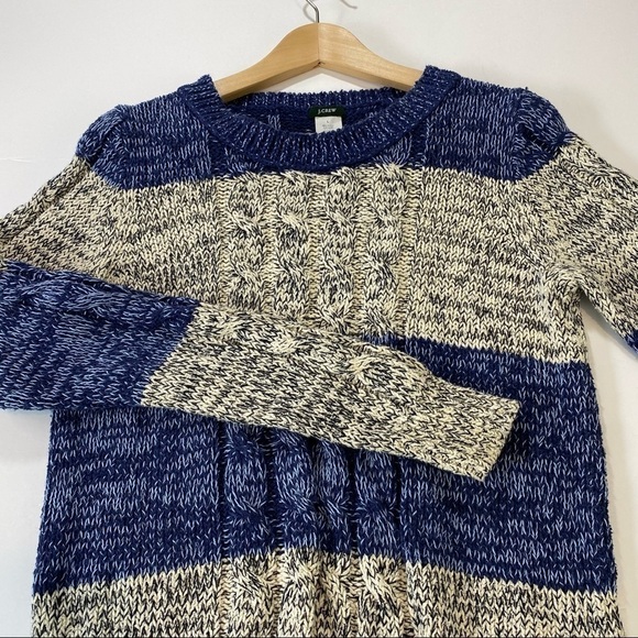 J Crew Cable Knit Sweater Blue Cream Stripe Large Pullover Crewneck Long Sleeve - Picture 6 of 6